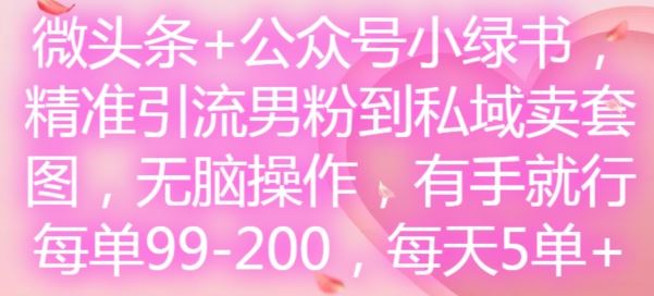 微头条+公众号小绿书，精准引流男粉到私域卖套图，无脑操作，有手就行，每单99-200，每天5单-云长聊项目