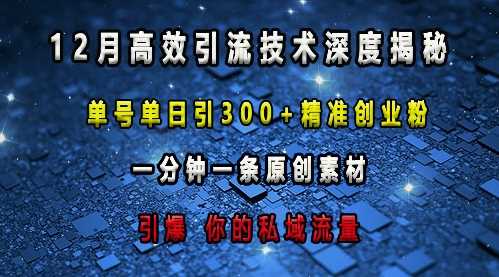 最新高效引流技术深度揭秘 ，单号单日引300+精准创业粉，一分钟一条原创素材，引爆你的私域流量-云长聊项目