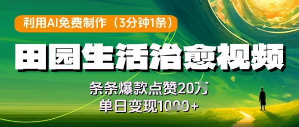 利用AI免费制作田园生活治愈视频，条条爆款点赞20W，单日变现几张-云长聊项目