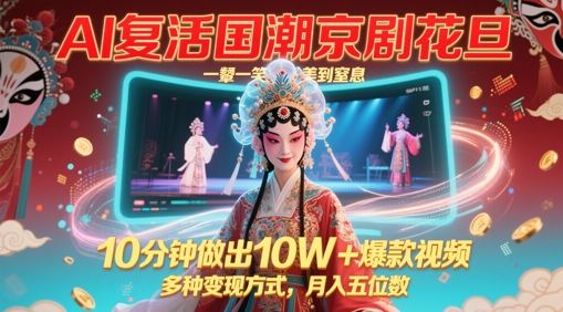 AI复活国潮京剧花旦，一颦一笑美到窒息，10分钟做出10W+爆款视频，多种变现方式，月入五位数-云长聊项目