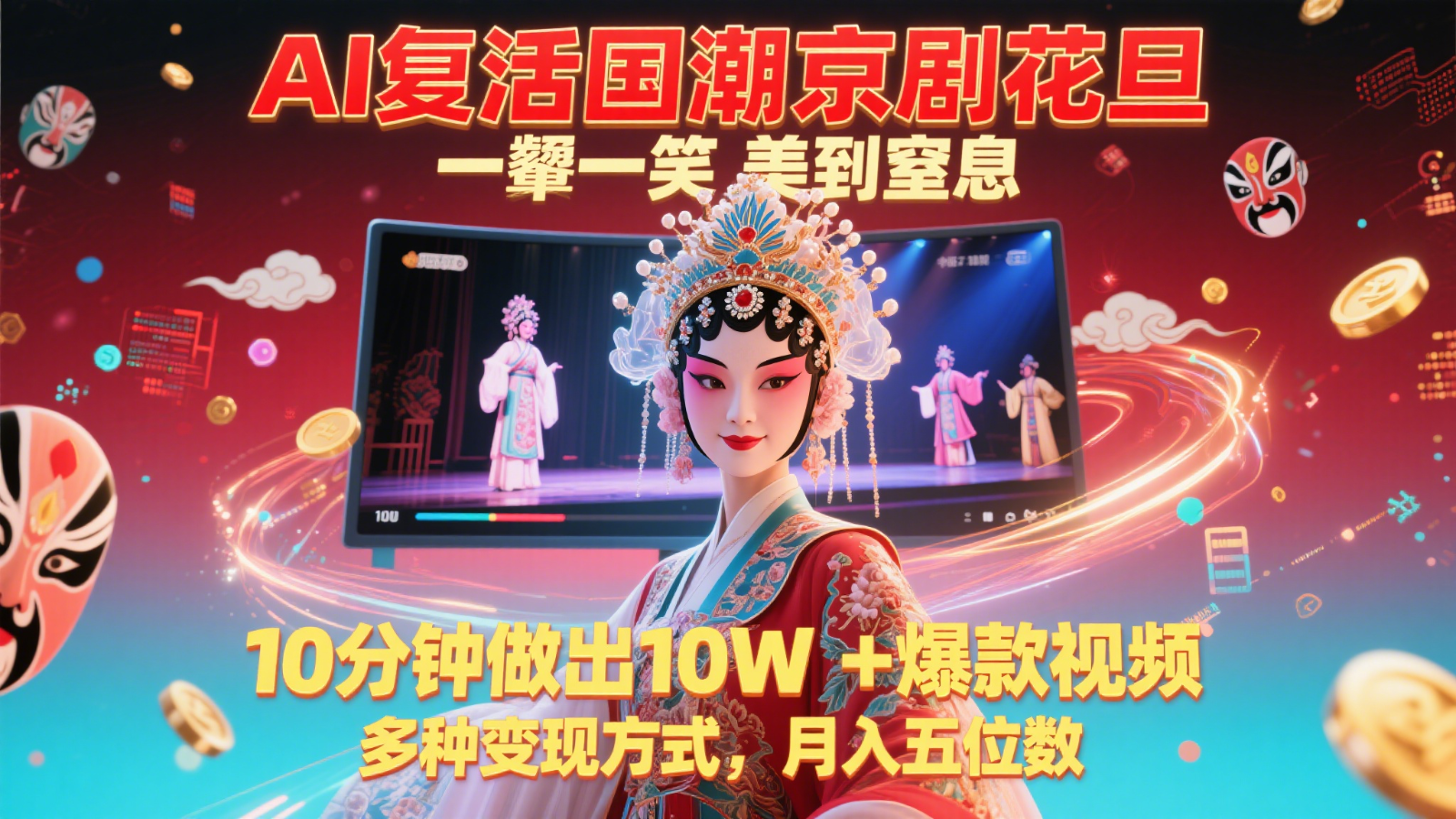 AI复活国潮京剧花旦，一颦一笑美到窒息，10分钟做出10W+爆款视频，多种变现方式-云长聊项目
