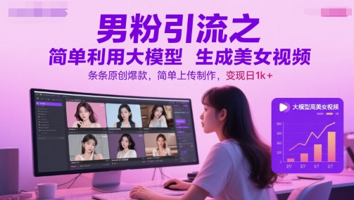 男粉引流之简单利用大模型生成美女视频，条条原创爆款，简单上传制作，变现日1k+-云长聊项目