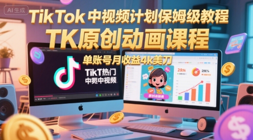 TikTok中视频计划保姆级教程，TK原创动画课程，单账号月收益4k美刀-云长聊项目