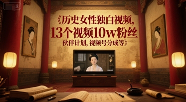 历史女性独白视频，13个视频10w粉丝，伙伴计划，视频号分成等-云长聊项目